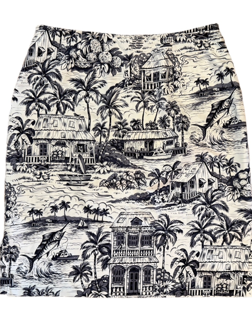 Vintage Kahala 100% Silk Hawaiian Toile Skirt 10 Navy Ivory Scenic Print